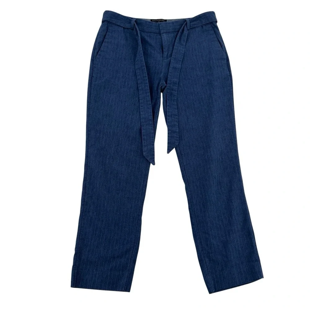 Banana Republic Avery Tie Waist Herringbone Trousers Blue  Linen Blend Size 6